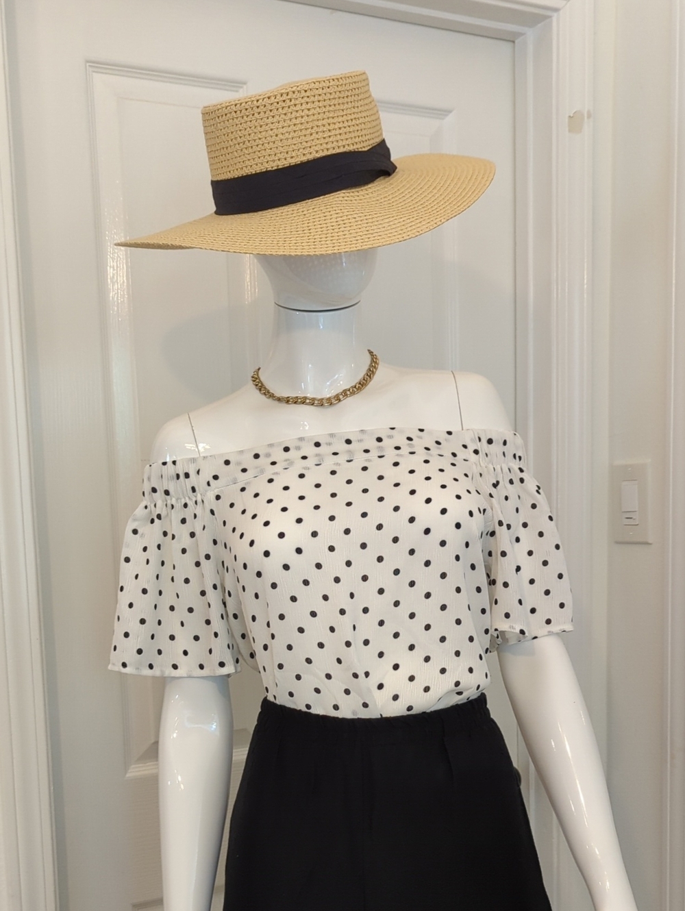 Active USA White Black Off-Shoulder Polka Dot Sheer  Blouse M